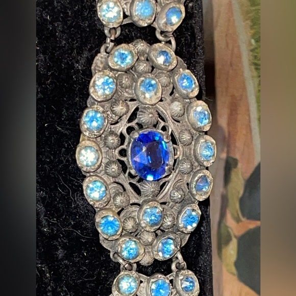 Vintage Art Nouveau Czech (Austrian?) Cobalt Blue Glass Stone Filigree Bracelet - Picture 6 of 10